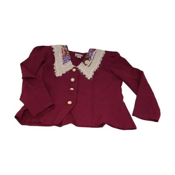 VINTAGE Jacket Blouse Womens 14P Burgundy Lace Hanky Collar Floral 80s Buttons - Picture 2 of 12